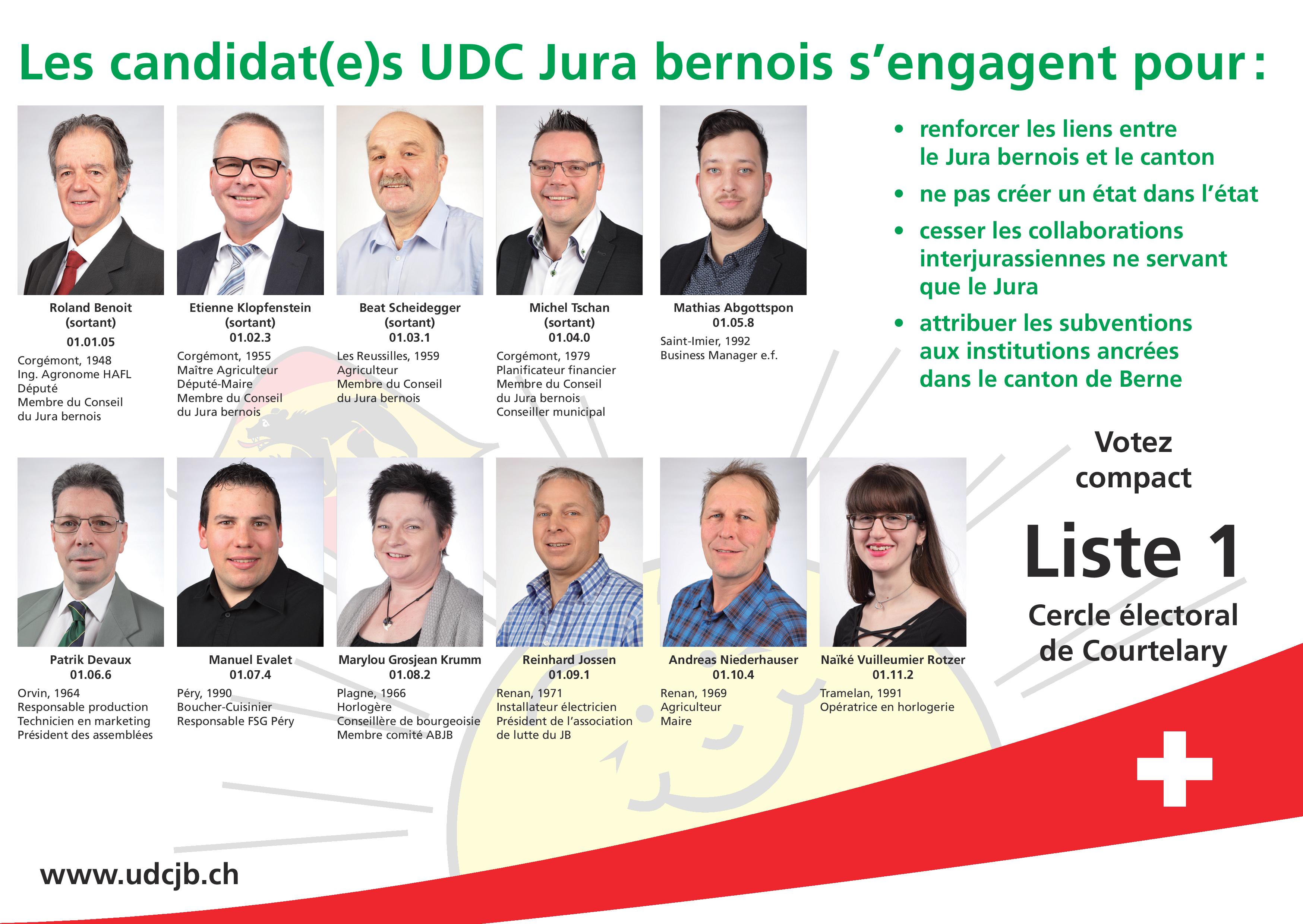 Notre liste UDC JB pour le Conseil du Jura bernois (Courtelary)