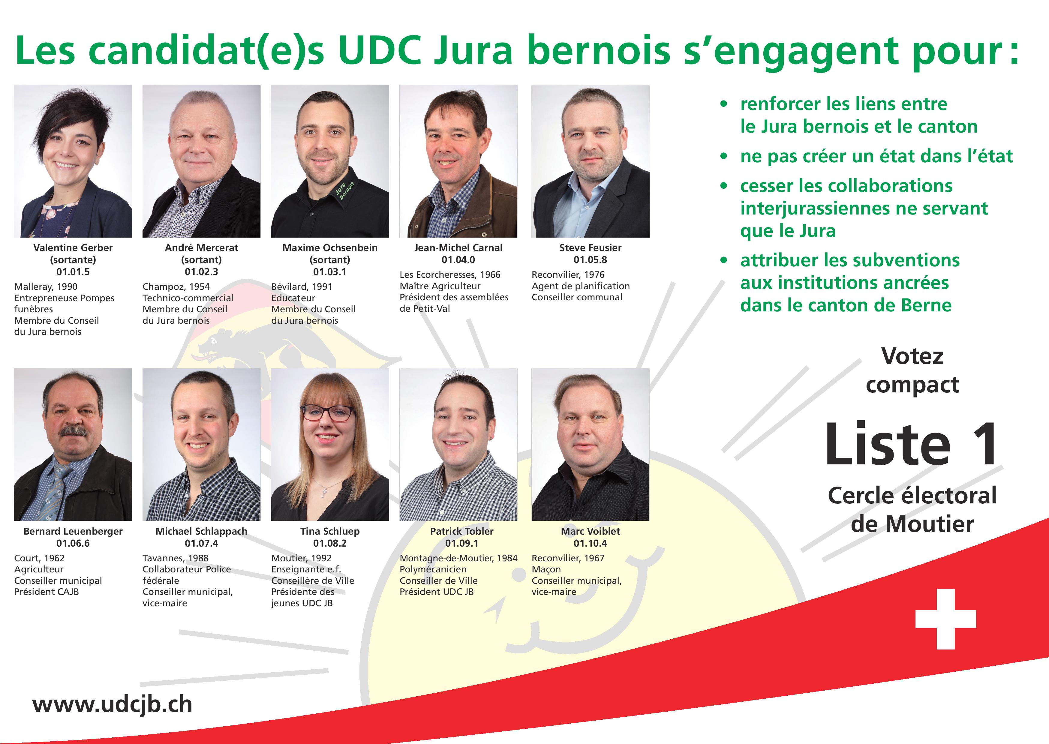 Notre liste UDC JB pour le Conseil du Jura bernois (Moutier)